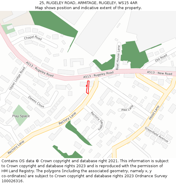 25, RUGELEY ROAD, ARMITAGE, RUGELEY, WS15 4AR: Location map and indicative extent of plot