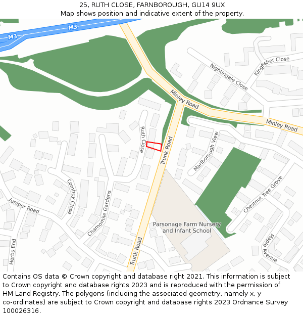 25, RUTH CLOSE, FARNBOROUGH, GU14 9UX: Location map and indicative extent of plot