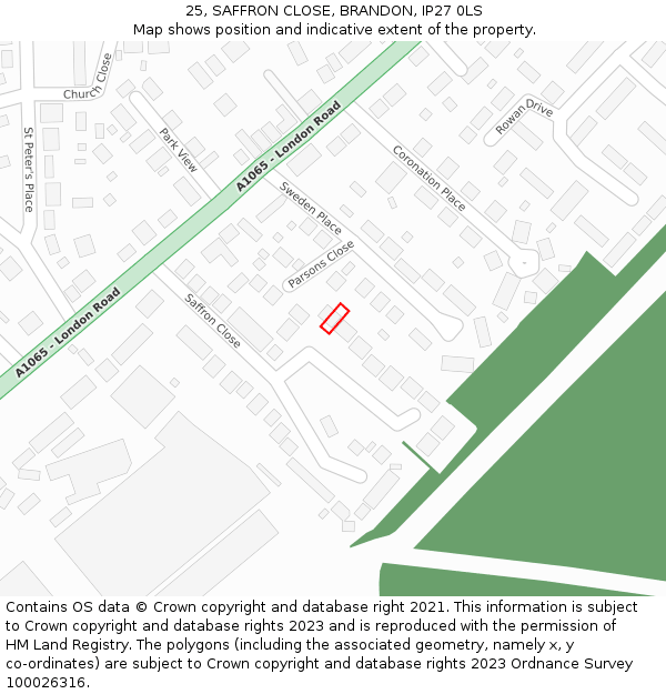 25, SAFFRON CLOSE, BRANDON, IP27 0LS: Location map and indicative extent of plot