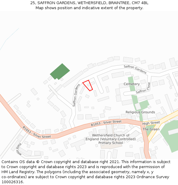 25, SAFFRON GARDENS, WETHERSFIELD, BRAINTREE, CM7 4BL: Location map and indicative extent of plot