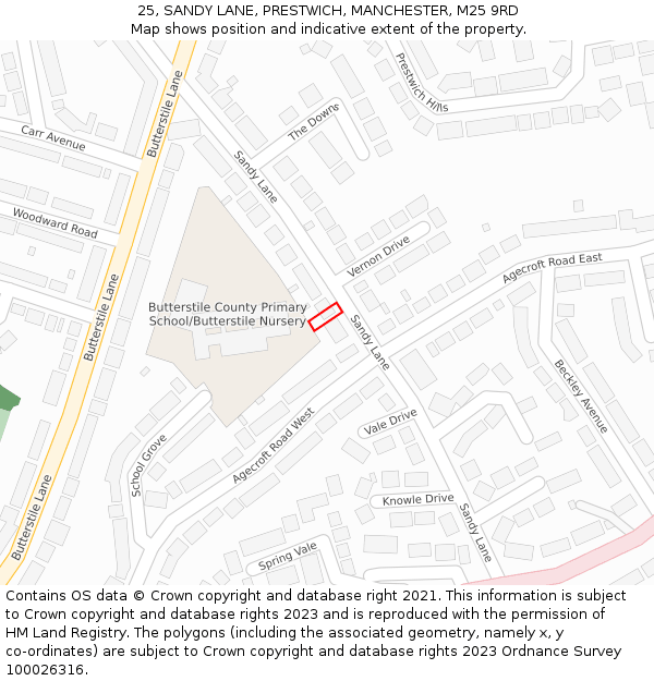 25, SANDY LANE, PRESTWICH, MANCHESTER, M25 9RD: Location map and indicative extent of plot