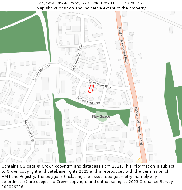 25, SAVERNAKE WAY, FAIR OAK, EASTLEIGH, SO50 7FA: Location map and indicative extent of plot