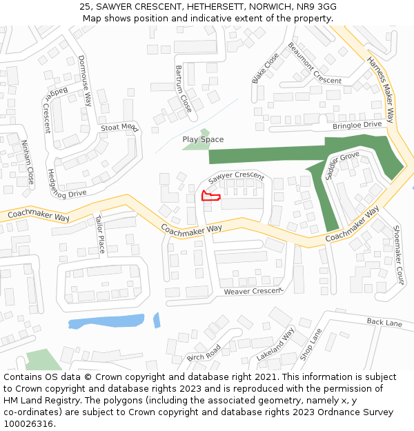 25, SAWYER CRESCENT, HETHERSETT, NORWICH, NR9 3GG: Location map and indicative extent of plot