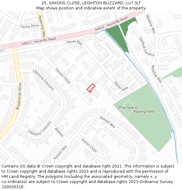 25, SAXONS CLOSE, LEIGHTON BUZZARD, LU7 3LT: Location map and indicative extent of plot