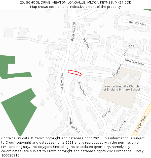 25, SCHOOL DRIVE, NEWTON LONGVILLE, MILTON KEYNES, MK17 0DD: Location map and indicative extent of plot