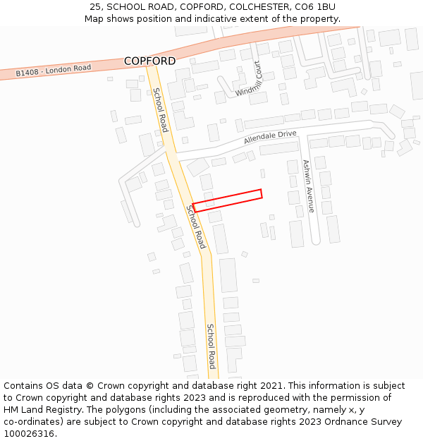 25, SCHOOL ROAD, COPFORD, COLCHESTER, CO6 1BU: Location map and indicative extent of plot