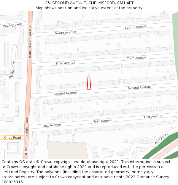 25, SECOND AVENUE, CHELMSFORD, CM1 4ET: Location map and indicative extent of plot