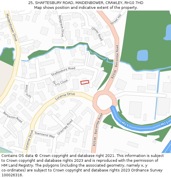 25, SHAFTESBURY ROAD, MAIDENBOWER, CRAWLEY, RH10 7HD: Location map and indicative extent of plot