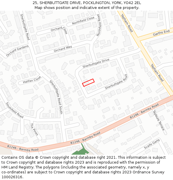 25, SHERBUTTGATE DRIVE, POCKLINGTON, YORK, YO42 2EL: Location map and indicative extent of plot