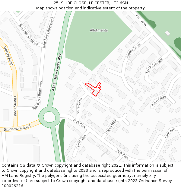 25, SHIRE CLOSE, LEICESTER, LE3 6SN: Location map and indicative extent of plot