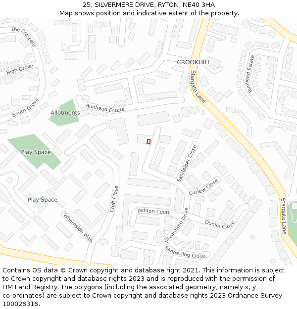 25, SILVERMERE DRIVE, RYTON, NE40 3HA: Location map and indicative extent of plot