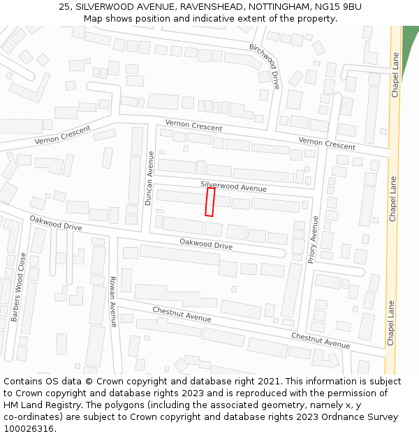 25, SILVERWOOD AVENUE, RAVENSHEAD, NOTTINGHAM, NG15 9BU: Location map and indicative extent of plot