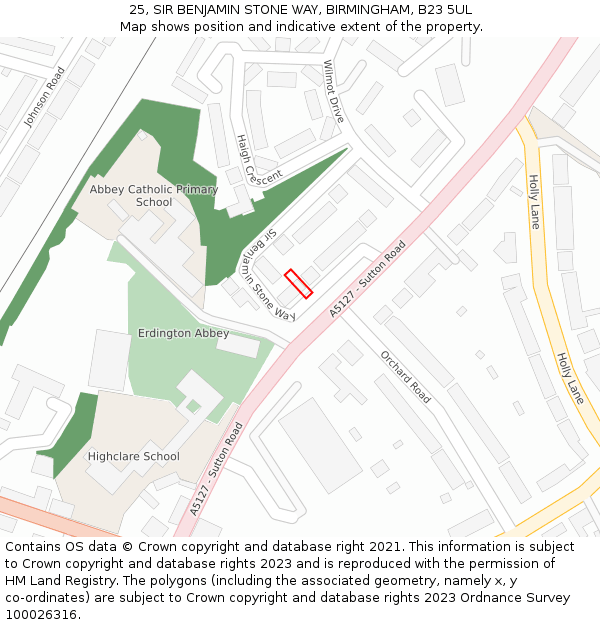 25, SIR BENJAMIN STONE WAY, BIRMINGHAM, B23 5UL: Location map and indicative extent of plot