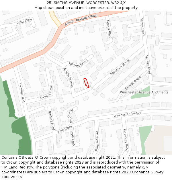 25, SMITHS AVENUE, WORCESTER, WR2 4JX: Location map and indicative extent of plot
