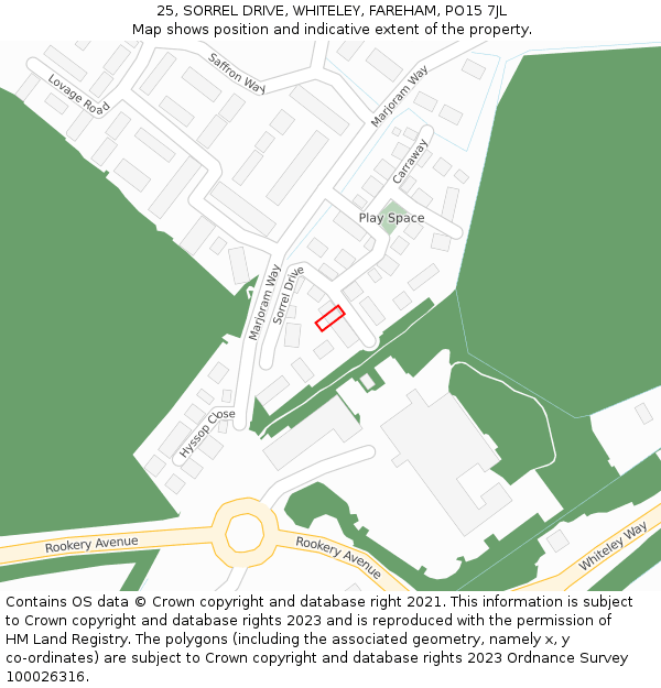 25, SORREL DRIVE, WHITELEY, FAREHAM, PO15 7JL: Location map and indicative extent of plot