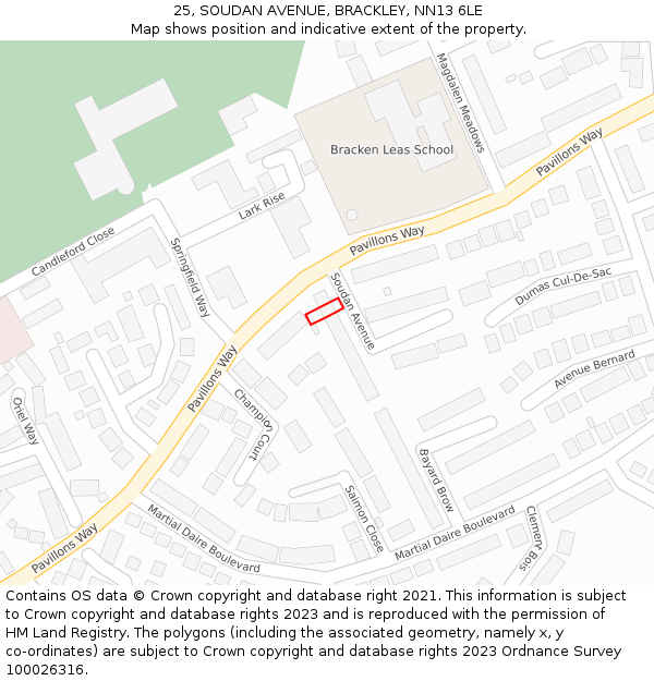 25, SOUDAN AVENUE, BRACKLEY, NN13 6LE: Location map and indicative extent of plot