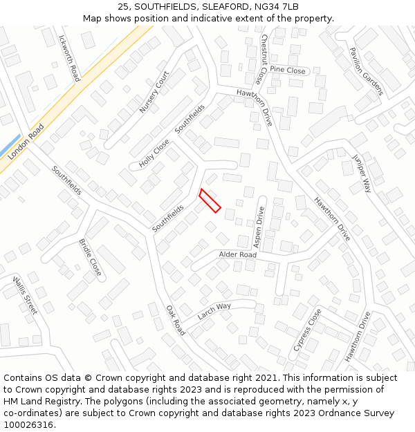 25, SOUTHFIELDS, SLEAFORD, NG34 7LB: Location map and indicative extent of plot