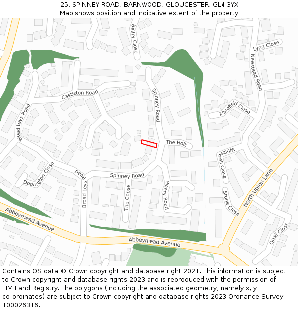 25, SPINNEY ROAD, BARNWOOD, GLOUCESTER, GL4 3YX: Location map and indicative extent of plot