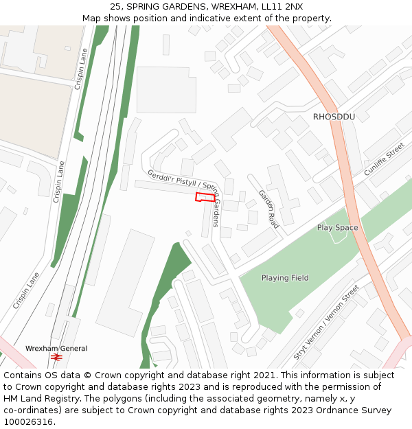 25, SPRING GARDENS, WREXHAM, LL11 2NX: Location map and indicative extent of plot