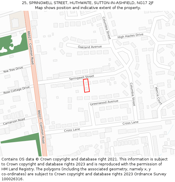 25, SPRINGWELL STREET, HUTHWAITE, SUTTON-IN-ASHFIELD, NG17 2JF: Location map and indicative extent of plot