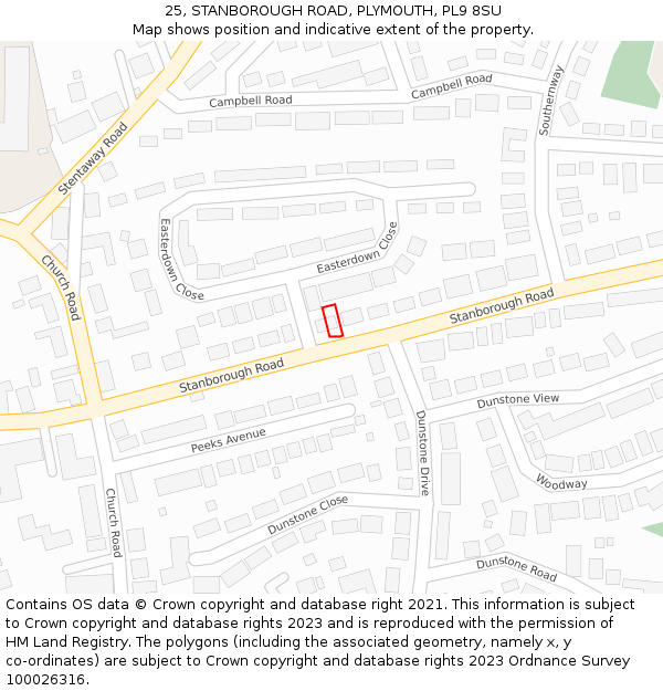 25, STANBOROUGH ROAD, PLYMOUTH, PL9 8SU: Location map and indicative extent of plot