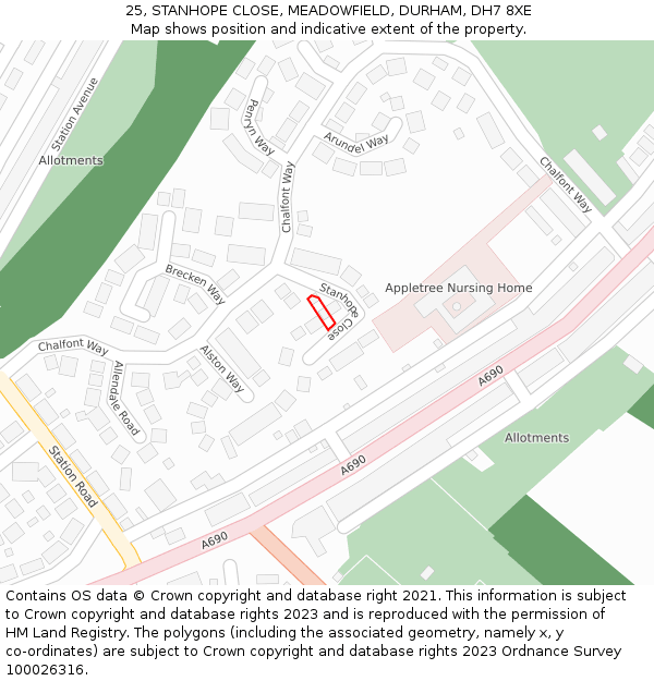 25, STANHOPE CLOSE, MEADOWFIELD, DURHAM, DH7 8XE: Location map and indicative extent of plot