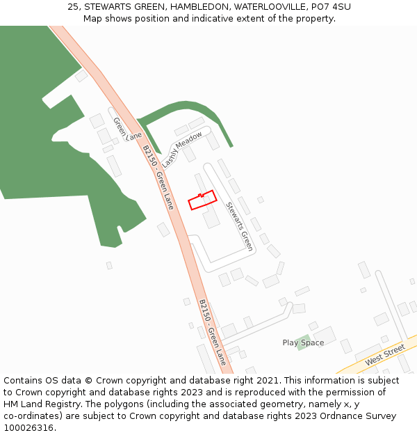 25, STEWARTS GREEN, HAMBLEDON, WATERLOOVILLE, PO7 4SU: Location map and indicative extent of plot