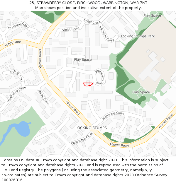 25, STRAWBERRY CLOSE, BIRCHWOOD, WARRINGTON, WA3 7NT: Location map and indicative extent of plot