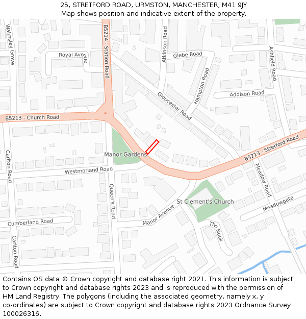 25, STRETFORD ROAD, URMSTON, MANCHESTER, M41 9JY: Location map and indicative extent of plot