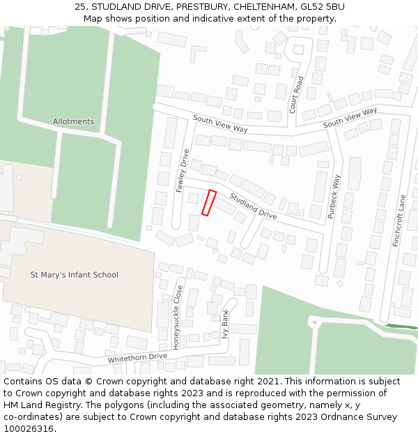 25, STUDLAND DRIVE, PRESTBURY, CHELTENHAM, GL52 5BU: Location map and indicative extent of plot