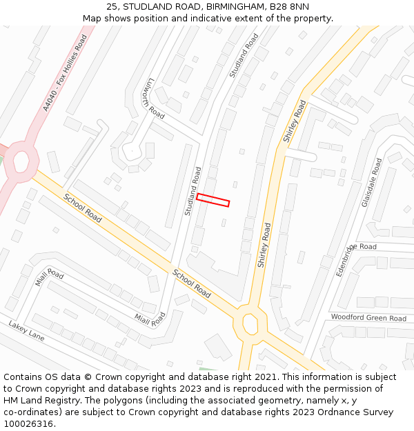 25, STUDLAND ROAD, BIRMINGHAM, B28 8NN: Location map and indicative extent of plot