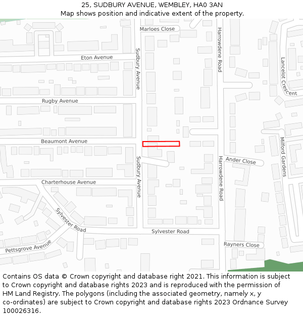 25, SUDBURY AVENUE, WEMBLEY, HA0 3AN: Location map and indicative extent of plot