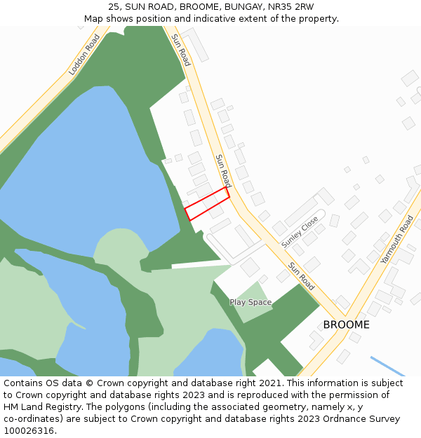 25, SUN ROAD, BROOME, BUNGAY, NR35 2RW: Location map and indicative extent of plot