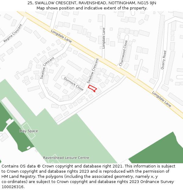 25, SWALLOW CRESCENT, RAVENSHEAD, NOTTINGHAM, NG15 9JN: Location map and indicative extent of plot