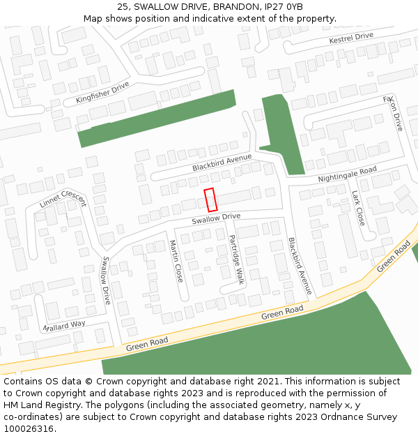 25, SWALLOW DRIVE, BRANDON, IP27 0YB: Location map and indicative extent of plot