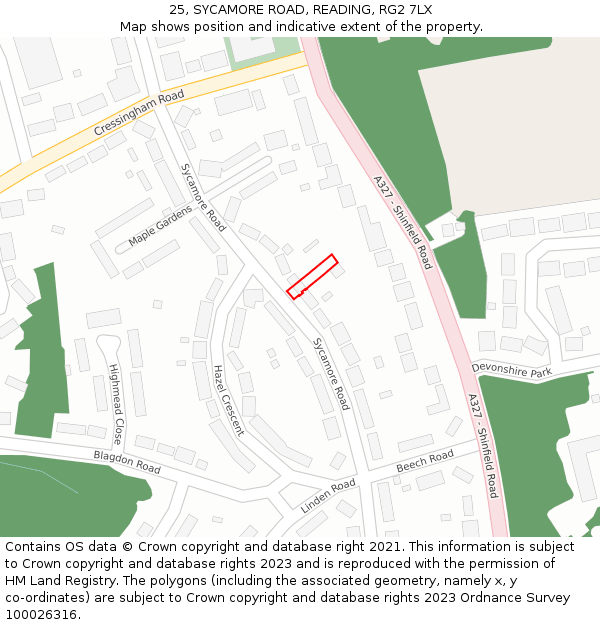 25, SYCAMORE ROAD, READING, RG2 7LX: Location map and indicative extent of plot