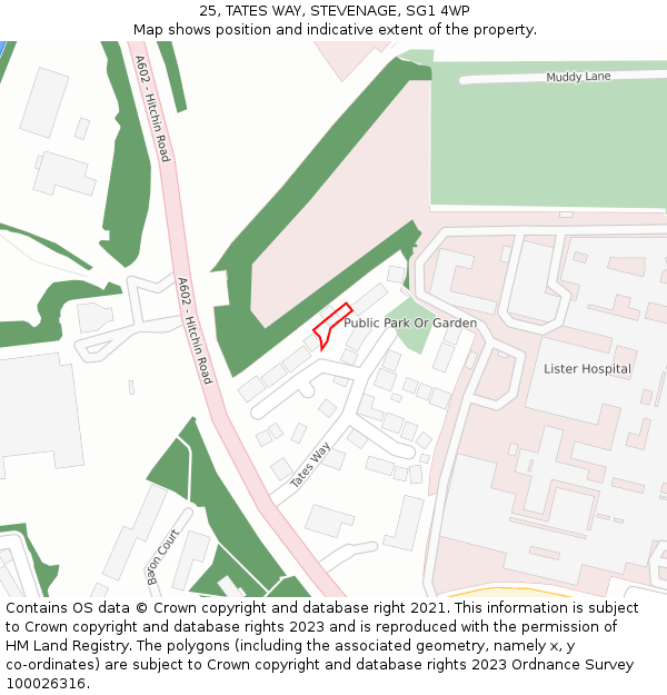 25, TATES WAY, STEVENAGE, SG1 4WP: Location map and indicative extent of plot