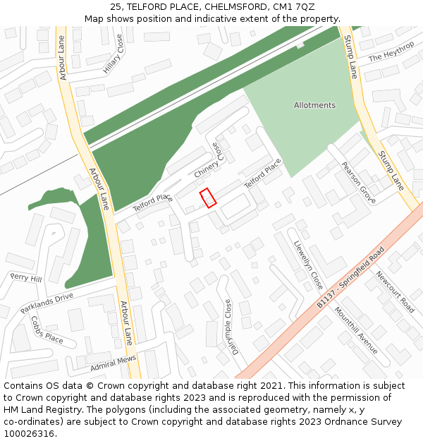 25, TELFORD PLACE, CHELMSFORD, CM1 7QZ: Location map and indicative extent of plot