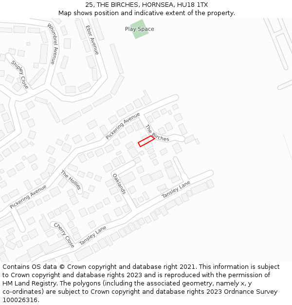 25, THE BIRCHES, HORNSEA, HU18 1TX: Location map and indicative extent of plot