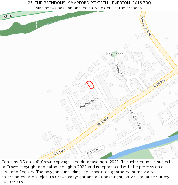 25, THE BRENDONS, SAMPFORD PEVERELL, TIVERTON, EX16 7BQ: Location map and indicative extent of plot