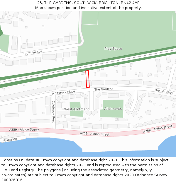 25, THE GARDENS, SOUTHWICK, BRIGHTON, BN42 4AP: Location map and indicative extent of plot