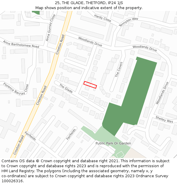 25, THE GLADE, THETFORD, IP24 1JS: Location map and indicative extent of plot