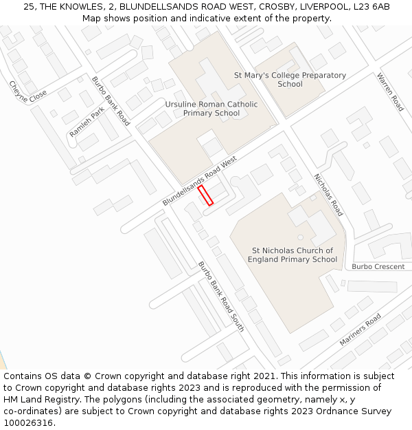 25, THE KNOWLES, 2, BLUNDELLSANDS ROAD WEST, CROSBY, LIVERPOOL, L23 6AB: Location map and indicative extent of plot
