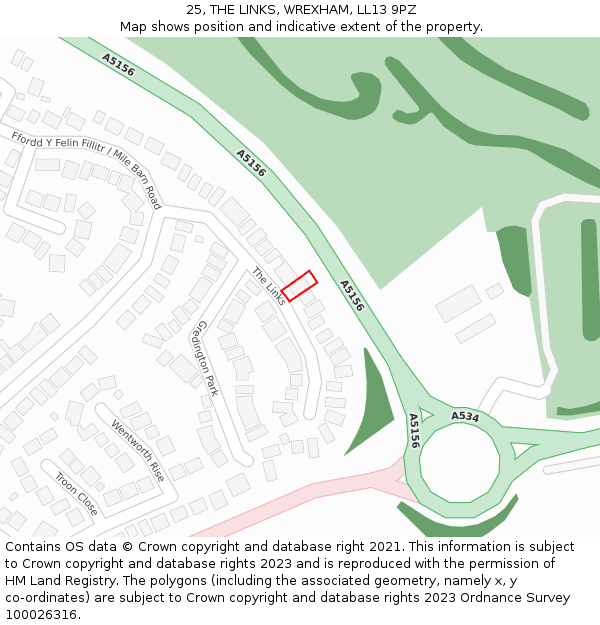 25, THE LINKS, WREXHAM, LL13 9PZ: Location map and indicative extent of plot