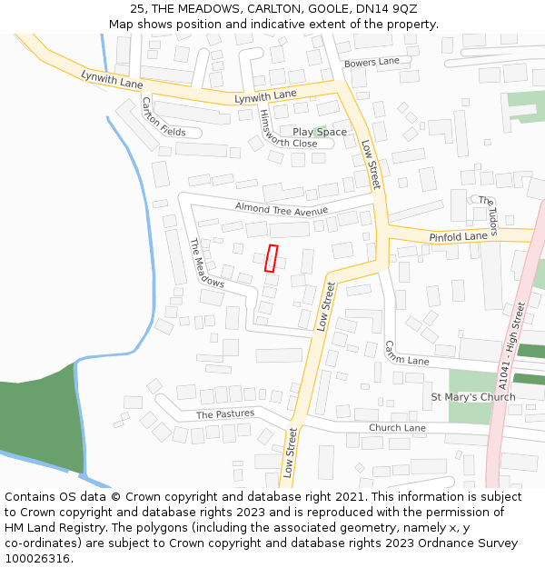 25, THE MEADOWS, CARLTON, GOOLE, DN14 9QZ: Location map and indicative extent of plot