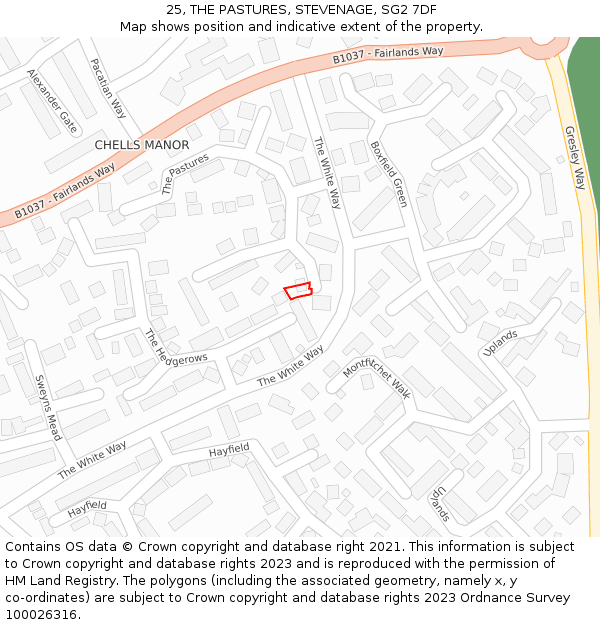 25, THE PASTURES, STEVENAGE, SG2 7DF: Location map and indicative extent of plot