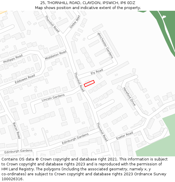 25, THORNHILL ROAD, CLAYDON, IPSWICH, IP6 0DZ: Location map and indicative extent of plot