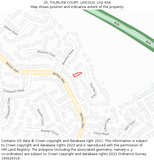 25, THURLOW COURT, LINCOLN, LN2 4SA: Location map and indicative extent of plot