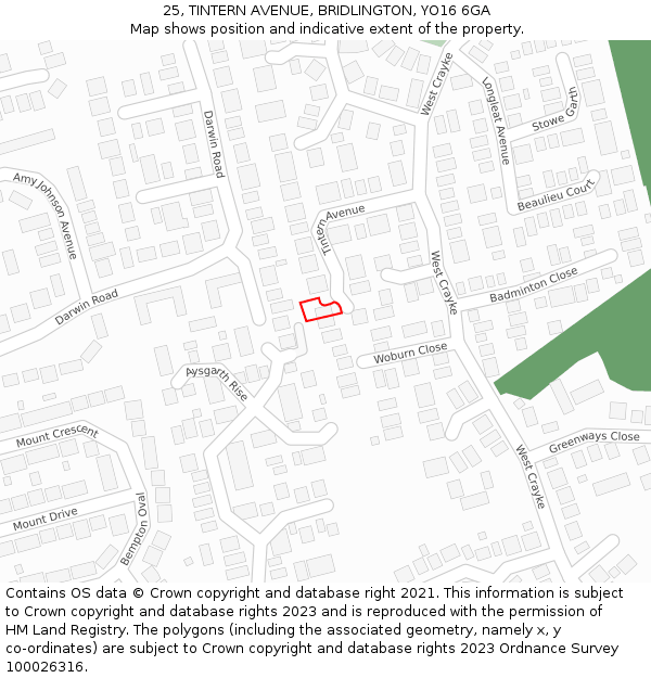 25, TINTERN AVENUE, BRIDLINGTON, YO16 6GA: Location map and indicative extent of plot