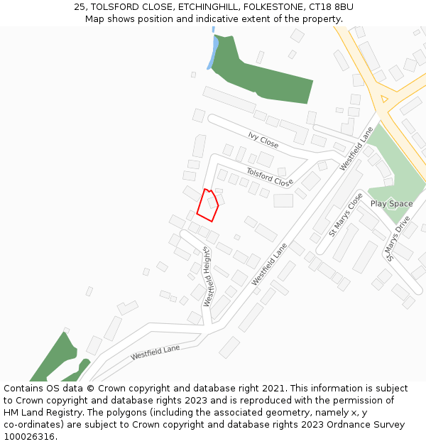 25, TOLSFORD CLOSE, ETCHINGHILL, FOLKESTONE, CT18 8BU: Location map and indicative extent of plot